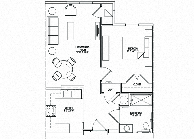Floor plan for 1 bed, 1 bath, 681 sqft
